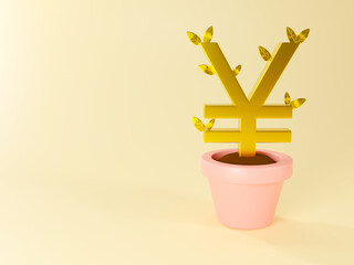 golden yen currency tree in pink pot, 3D rendering