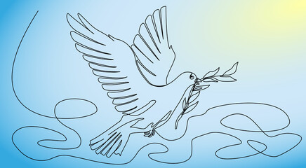 One-line drawing! The dove of peace. Black line on a gradient blue background.