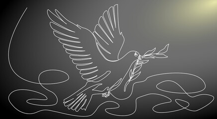 One line drawing! The dove of peace flies into the light. White line on a dark gradient background.