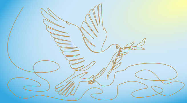 One-line drawing! The dove of peace is depicted by a golden line on a gradient blue background.