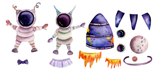 Watercolor illustration of the cosmic theme. Hand-drawn cute astronauts, purple space rocket isolated on a white background. A set of individual elements