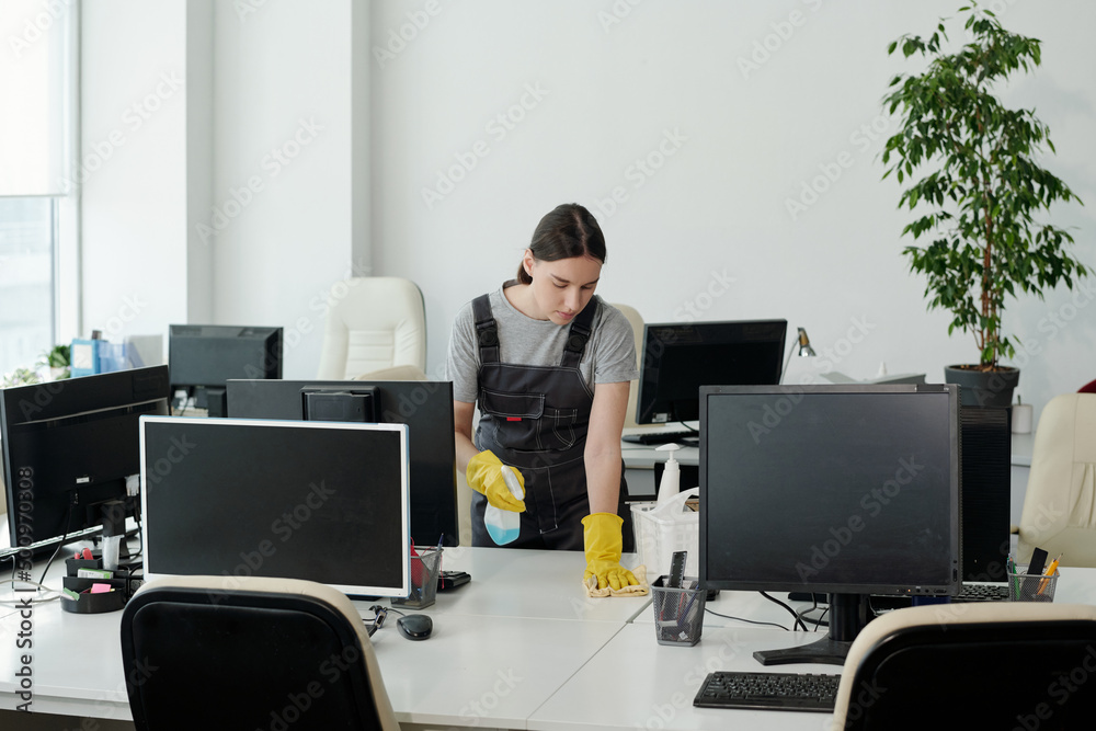 Poster Young woman in coveralls and gloves using detergent while wiping one of desks with computer monitors in large openspace office