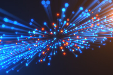 Abstract background in blue and purple neon glow colors. Speed of light in galaxy. Explosion in universe. Cosmic background for event, party, carnival, celebration, anniversary or other. 3D rendering.