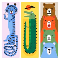 Vector collection with tiger, funny crocodile and different emotion bears. Trendy concept print set with animals