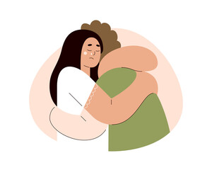 Vector illustration of hugging couple in flat cartoon style. Sad embrace. Young man hugs crying girl. Isolated template with outline, minimal. Sadness. Man embracing woman. Modern trend character