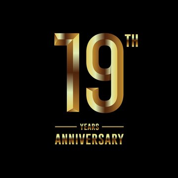 19th Anniversary logotype. Anniversary celebration template design with golden ring for booklet, leaflet, magazine, brochure poster, banner, web, invitation or greeting card. Vector illustrations.