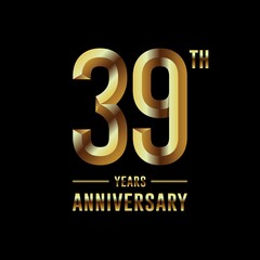 39th Anniversary logotype. Anniversary celebration template design with golden ring for booklet, leaflet, magazine, brochure poster, banner, web, invitation or greeting card. Vector illustrations.