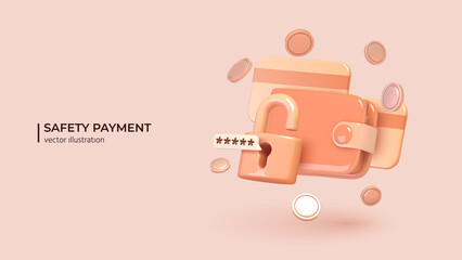 Safety payments concept. Realistic 3d design of smart wallet with payment application with padlock, lock with password on smartphone and coins around it. Vector illustration