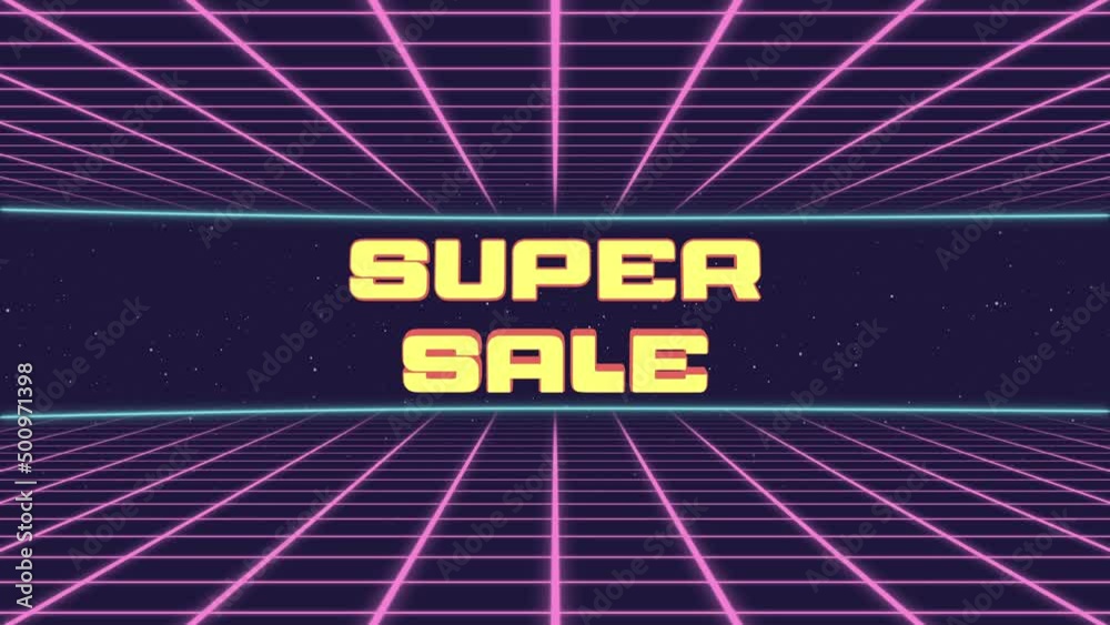 Poster super sale title animated retro futuristic 80s 90s style. animation squares and retro background