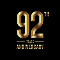 92th Anniversary logotype. Anniversary celebration template design with golden ring for booklet, leaflet, magazine, brochure poster, banner, web, invitation or greeting card. Vector illustrations.