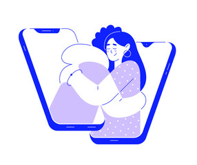 Vector illustration with hugging people on background of smartphone in flat style, outline. Virtual support service, helpdesk, telephone helpline, online assistant. Isolated template, line art