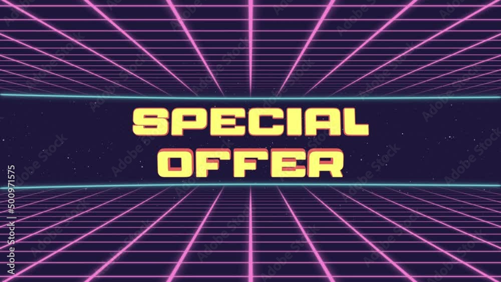 Poster special offer title animated retro futuristic 80s 90s style. animation squares and retro background
