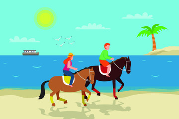 Obraz na płótnie Canvas Horse riding vector concept. Young couple riding horse on the beach while enjoying leisure time together