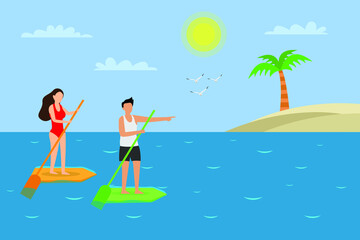 Summer holiday vector concept. Young couple standing on the paddle board while enjoying summer holiday at tropical beach