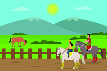 Obraz na płótnie Canvas Horse riding vector concept. Happy young couple riding horse in the farmland while enjoying leisure time together
