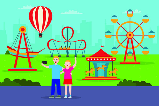 Amusement park vector concept. Happy young couple taking selfie photo in the amusement park while enjoying leisure together