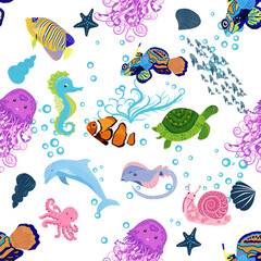 Obraz premium Marine life, fish, animals bright seamless pattern. sea travel, underwater diving animal tropical fish. Jellyfish, whale, shark, seahorse, clown fish, dolphin, turtle, emperor