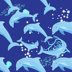 Dolphin, sea inhabitants seamless pattern, beautiful character among seashells, algae, starfish, marine wildlife
