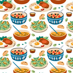 Colored seamless pattern of food and drink. Vector illustration for design of menu. Wallpaper, print, packaging, paper, textile design.