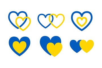 Ukraine hearts vector illustration collection. Stand with Ukraine set. Ukrainian flag blue and yellow colors texture. Love for Ukraine.