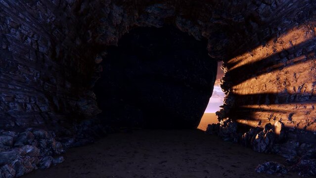 The view from inside a cave as the external stone slab opens, allowing sunlight to enter the cave.