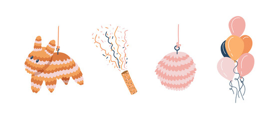 A set of attributes for a birthday pinata, firecracker, balls