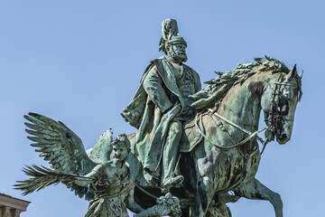 Fototapeta premium Kaiser Wilhelm I Monument (1896) in Dusseldorf. Equestrian statue of the emperor, flanked by allegorical figures representing war and peace, and bronze reliefs. DUSSELDORF, GERMANY.