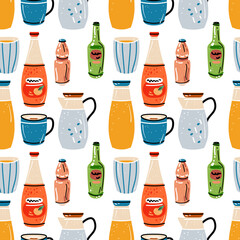 Colored seamless of food and drink. Pattern with bright colorful crockery. Cups for coffee, tea. Bottles of orange juice, jugs of milk. Colorful background for kitchen design.