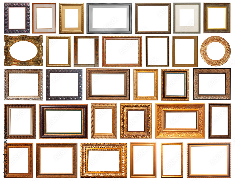 Wall mural set picture frames isolated on white background retro gilding gold silver antique