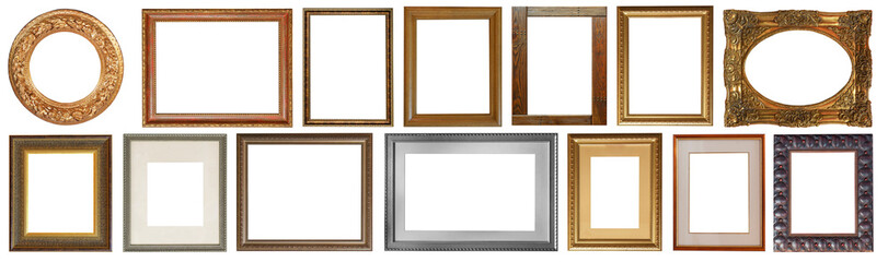 set of isolated antique frames gold gilding Silver on a white background