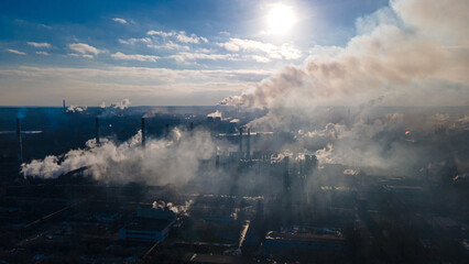 metallurgical plant smoke from chimneys industry drone photography