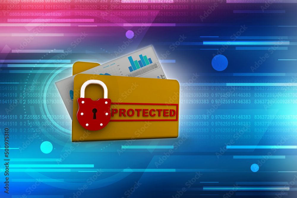 Poster yellow folder and lock. data security concept. 3d rendering
