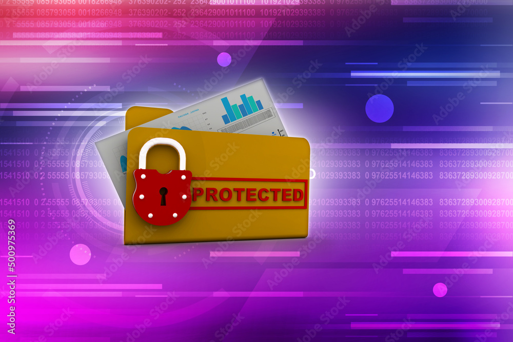 Poster yellow folder and lock. data security concept. 3d rendering