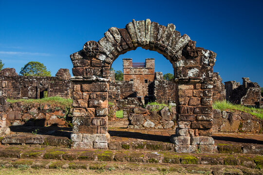 Paraguay - Itapua - Encarnacion - Arch and tower among the ruins of the jesuit guarani reduction La Santisima Trinidad de Parana, the only UNESCO World Heritage site in Paraguay