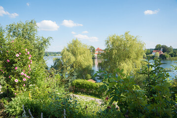 summer landscape lake Seeoner See, with lush green vegetation at the lakeside