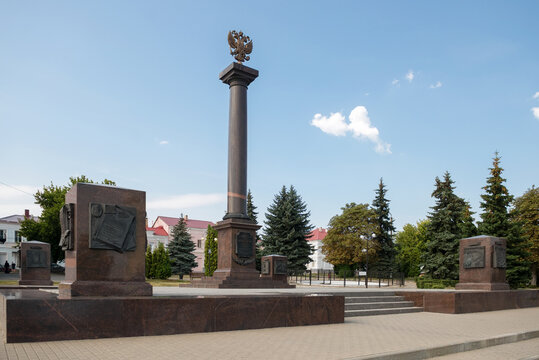YELETS, Stele YELETS - City of Military Glory installed in front of the Cathedral of the Ascension of the Lord - the main Orthodox church of the city of Yelets, the cathedral church of Yelets Diocese
