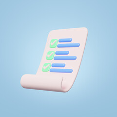 3d paper sheets with check marks on blue background. Confirmed or approved document icon. Beige clipboard with checklist symbol. Assignment done. Business cartoon style. 3d icon render illustration.