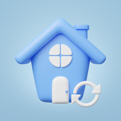 3d blue house with windows, door icon. home model, round arrow floating on blue background. Business about investment, real estate, mortgage. Mockup cartoon icon minimal style. 3d render illustration.