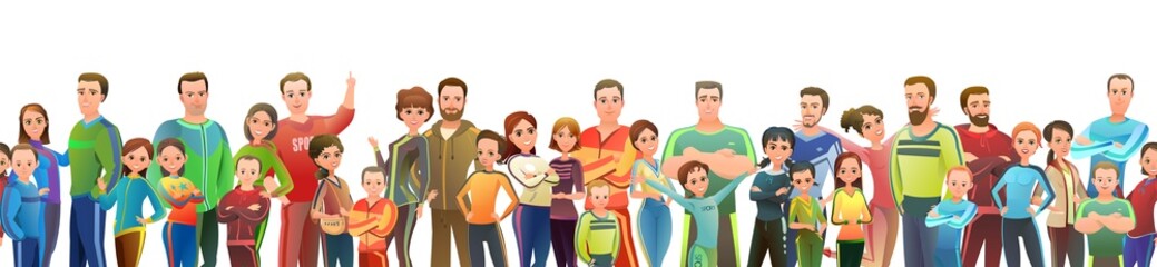 Man and woman and children in tracksuit. Got ready for sports activities. Cheerful person. Standing pose. Cartoon style. Single character. Illustration isolated on white background. Vector