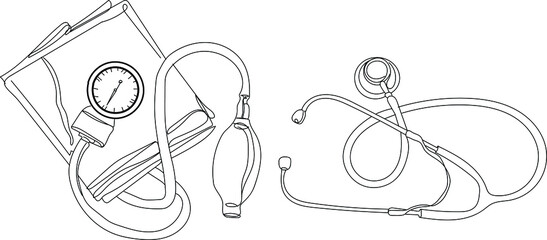 outline sketch drawing of stethoscope and sphygmomanometer, line art vector illustration silhouette of medical equipment