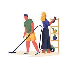 Family couple cleaning home together vector banner