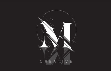 White M Letter Logo with Vintage Grundge Drawing Design. Destroyed Cutted Letter Icon Vector.