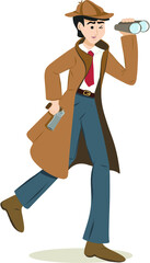 Detective Character running behind criminals holding gun and looking through binoculars