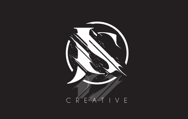 White JS Letter Logo with Vintage Grundge Drawing Design. Destroyed Cutted Letter Icon Vector.