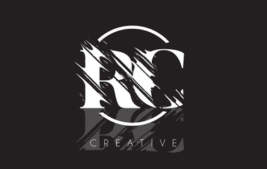White RC Letter Logo with Vintage Grundge Drawing Design. Destroyed Cutted Letter Icon Vector.