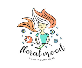 Women holds a flower with her hair loose, petals fly from the wind, logo design. Spring, floral, fashion and cartoon character, vector design and illustration