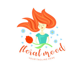 Girl holds a flower with her hair loose, petals fly from the wind, logo design. Spring, floral, fashion and cartoon character, vector design and illustration