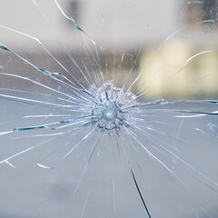 destroyed window pane from safety glass at a store
