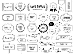 手書き風線画のフレームとフキダシとリボンのデザインセット