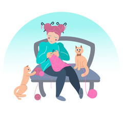 Cute girl knitting a scarf while sitting at outdoor. Vector illustration.